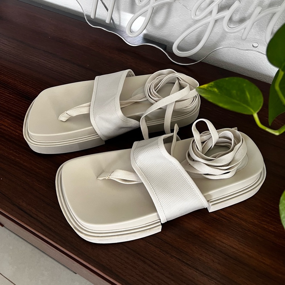 CHARLES & KEITH sandals. Alex Recycled Polyester Tie-Around Thong Sandals - Picture 3 of 8